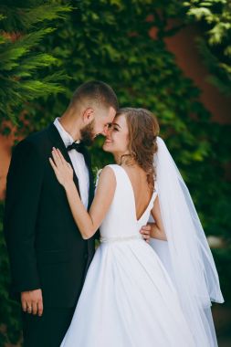 Güzel gelin ve damat çift düğünde yürüyüş