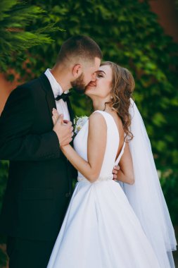 Güzel gelin ve damat çift düğünde yürüyüş