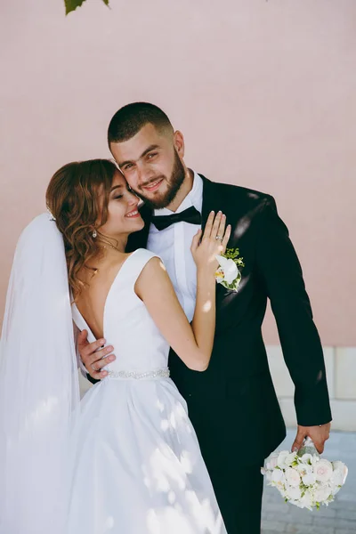 Güzel gelin ve damat çift düğünde yürüyüş — Stok fotoğraf