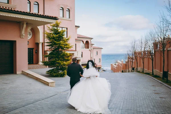 Güzel gelin ve damat çift düğünde yürüyüş — Stok fotoğraf