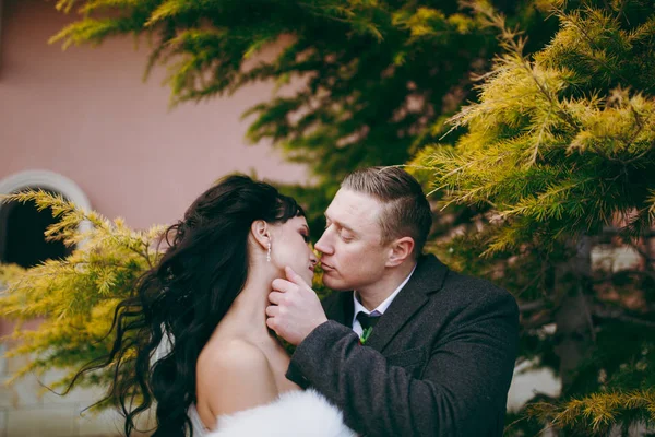 Linda noiva e noivo casal andando no casamento — Fotografia de Stock