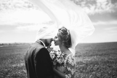 Güzel gelin ve damat çift düğünde yürüyüş