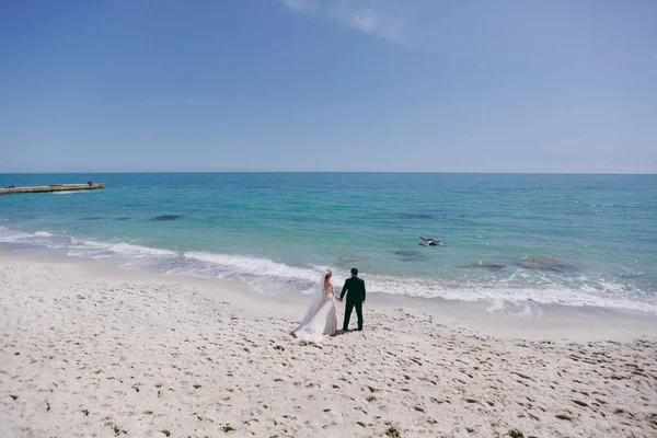 Hermosa novia y novio pareja caminando en la boda —  Fotos de Stock