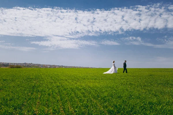 Beau couple de mariés marchant au mariage — Photo