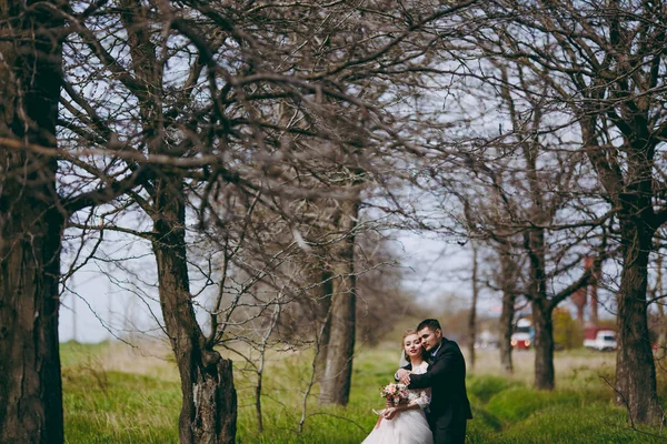 Güzel gelin ve damat çift düğünde yürüyüş — Stok fotoğraf