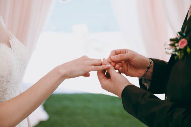 Bride and groom put rings on each other and show them at the ceremony clipart