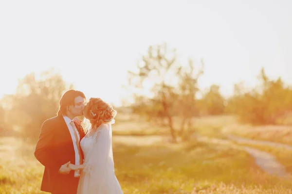 Bröllopsparet på en promenad i naturen — Stockfoto