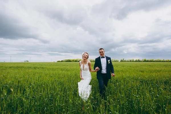 Bröllopsparet på en promenad i naturen — Stockfoto