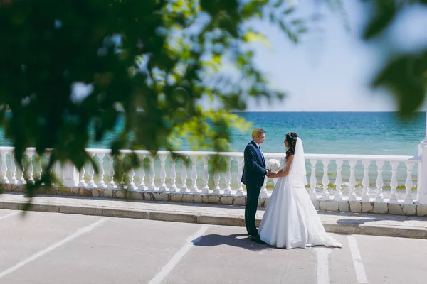 Ženich a nevěsta na procházce venku u moře — Stock fotografie