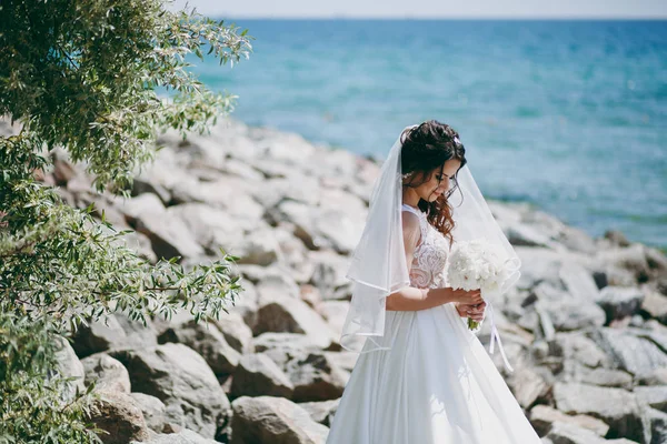 Bella sposa bruna in una passeggiata sul mare — Foto Stock