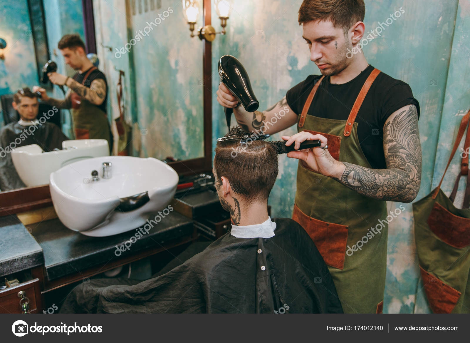 Hair Stylist Tattoos Designs Man Getting Trendy Haircut At