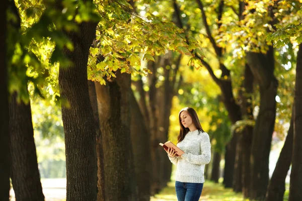 Una hermosa mujer morena sonriente feliz en suéter blanco de pie con un libro rojo en el parque de la ciudad de otoño en un día cálido. Hojas doradas otoñales. Concepto de lectura . —  Fotos de Stock