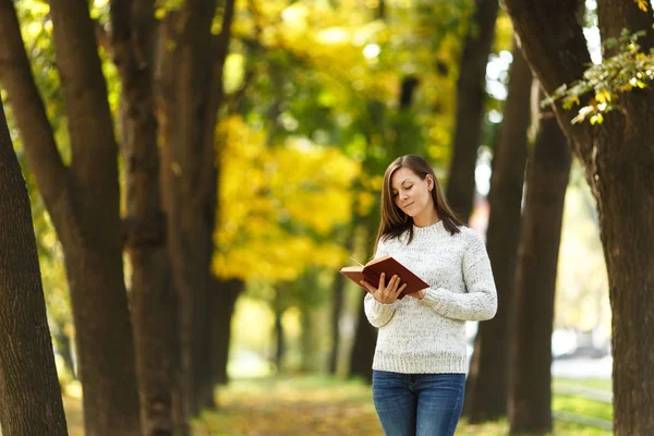 Piękny szczęśliwy uśmiechający się Brunet Kobieta w stały sweter biały czerwony książkę w Upadek miasta park na ciepły dzień. Autumn golden odchodzi. Koncepcja czytania. — Zdjęcie stockowe