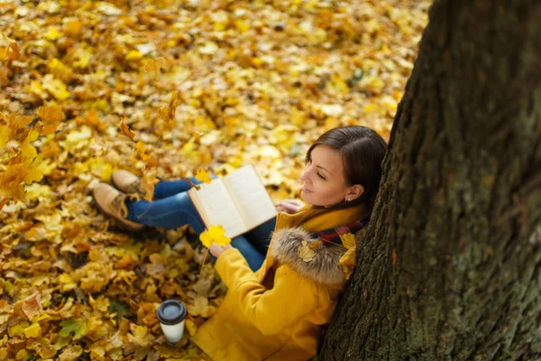 Güzel bir mutlu kahverengi saçlı kadın sarı ceket ve kot fincan çay veya kahve ve kırmızı kitap sonbahar şehir parkı ile akçaağaç ağacın altında oturuyor. Altın yaprak. Okuma kavramı. Üstten Görünüm.