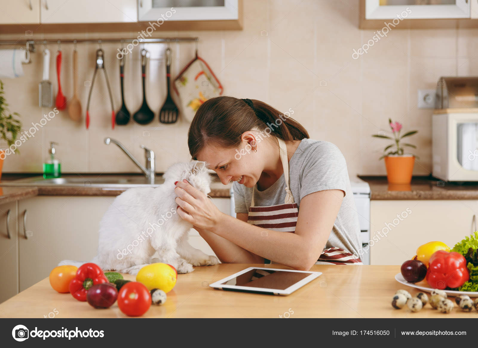 A Young Pretty Woman With White Persian Cat In The Kitchen - 