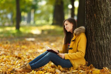 Güzel bir mutlu gülümseyen kahverengi saçlı kadın sarı ceket ve kot sıcak bir günde sonbahar Şehir Parkı kırmızı bir kitap ile akçaağaç ağacın altında oturuyor. Altın yaprak. Okuma kavramı