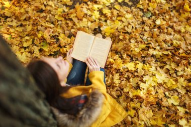 Güzel bir mutlu gülümseyen kahverengi saçlı kadın sarı ceket ve kot sıcak bir günde sonbahar Şehir Parkı kırmızı bir kitap ile akçaağaç ağacın altında oturuyor. Altın yaprak. Okuma kavramı. Üstten Görünüm.