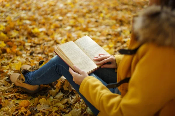 Woman in yellow coat and jeans sitting under the maple tree with a red book in fall city park on a warm day. Autumn golden leaves. Reading concept. Close up. — Stock Photo, Image