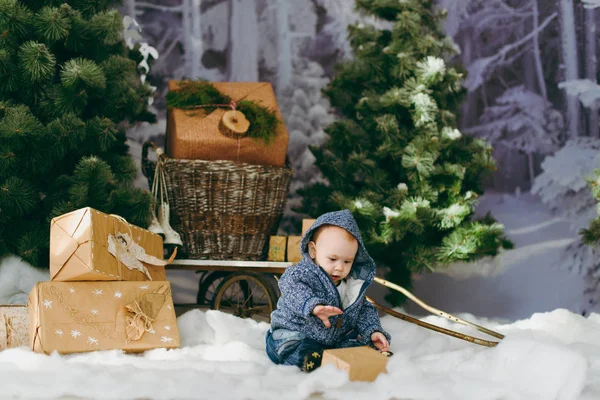Juguetón feliz lindo bebé niño en un bosque decorado con fi — Foto de Stock
