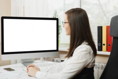 Güzel iş kadını çalışan takım elbiseli portresi kapatın