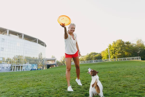 Женщина бросает оранжевый летающий диск к маленькой смешной собаке, которая ловит — стоковое фото