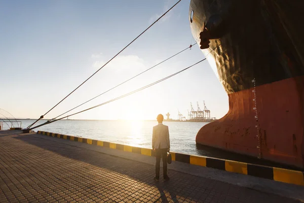 Handsome young successful business man in gray suit and protective construction orange helmet holding case, standing in sea port against a cargo rusty ship with water line, sun shine background