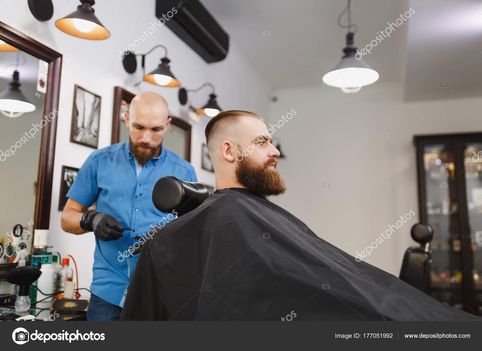 Male Professional Hairdresser Serving Client Shaving Thick Big