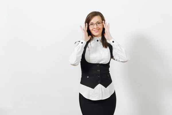 Beautiful happy caucasian young smiling brown-hair business woman in black suit, white shirt, holding correcting glasses isolated on white background. Manager or worker. Copy space for advertisement. — Stock Photo, Image