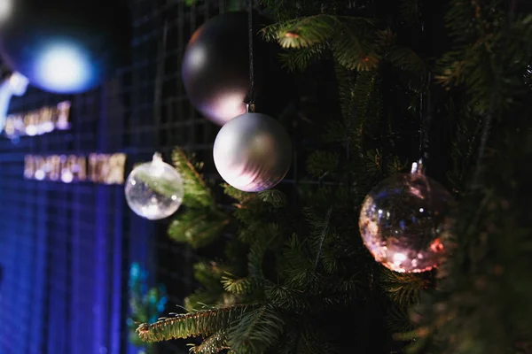 Glänzende Weihnachtskugel, die an grünen Fichtenzweigen mit festlichem Hintergrund in dunkelblauen Farben in einem gemütlich dekorierten Luxusrestaurant hängt. Neujahrsferien-Konzept. — Stockfoto
