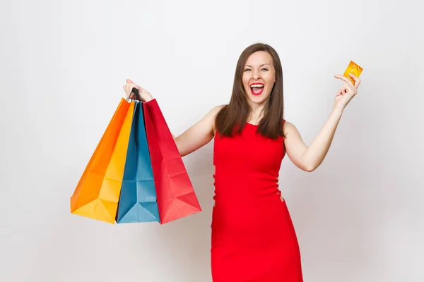 Pretty impressive fashionable young brown-hair woman in red dres