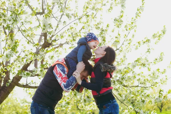 Man, woman rest on nature hug, play, kiss with little cute child baby boy. Mother, father keeps on shoulders little kid son on white flower tree. Family day 15 of may, love, parents, children concept. — Stock Photo, Image