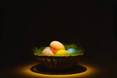 Renkli pastel tek sesli geleneksel boyalı Paskalya yumurtaları yeşil çimenlerin üzerinde siyah gölgeler, siluet, ışık ile koyu sarı arka plan ile sepet içinde. Reklam için yer kopyalayın. Metin için yer