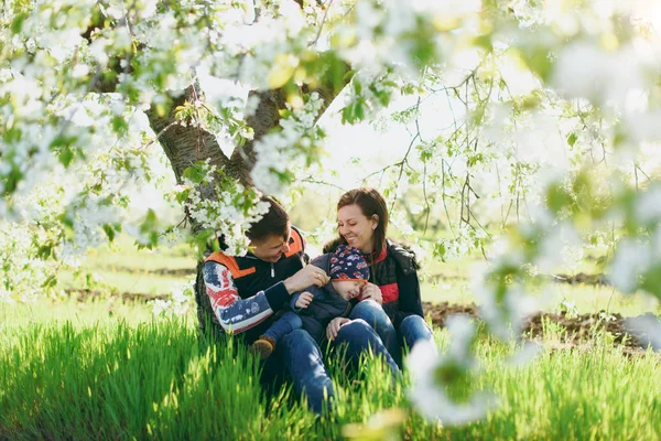 Joyful man, woman rest on nature hug, play, kiss with little cute child baby boy. Mother, father, little kid son sit under white flower tree. Family sun day 15 of may, love, parents, children concept. — Stock Photo, Image