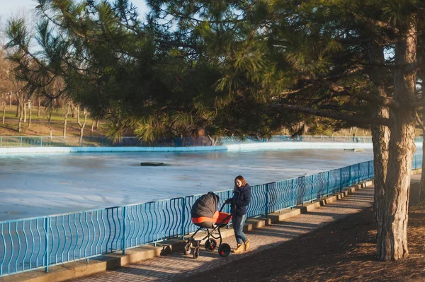 Mujer joven con abrigo azul caminando en el parque de invierno cerca del lago congelado — Foto de Stock