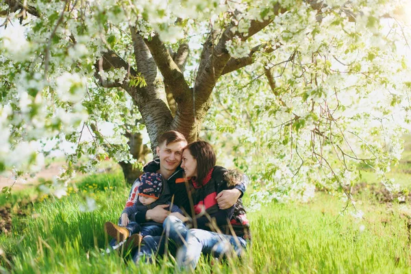 Homem alegre, mulher descansar sobre o abraço da natureza, brincar, beijar com pequeno menino bonito criança. Mãe, pai, filho pequeno, sentem-se debaixo de uma árvore de flores brancas. Dia de sol de família 15 de maio, amor, pais, conceito de crianças . — Fotografia de Stock