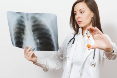 Doctor woman with hourglass, X-ray of lungs fluorography roentgen isolated on white background. Female doctor in medical gown stethoscope. Healthcare personnel time is running out medicine. Pneumonia. clipart