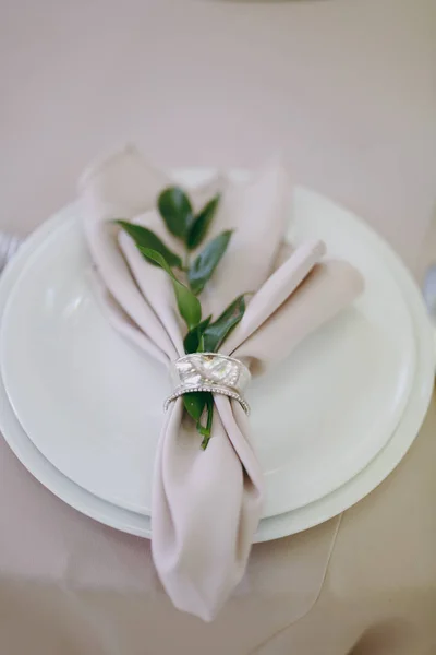 美丽的装饰, 一个婚礼在餐厅的粉彩色彩。用米色桌布、盘子、餐巾和餐巾环装饰用绿树枝招待餐桌 — 图库照片