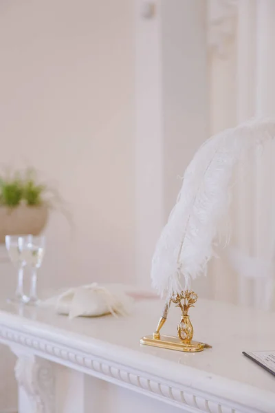 Elementos de la decoración de la boda Amplia pluma blanca para pintar en un soporte de oro con decoración en forma de flor en un refugio cerca de gafas y almohada para anillos en el interior blanco — Foto de Stock
