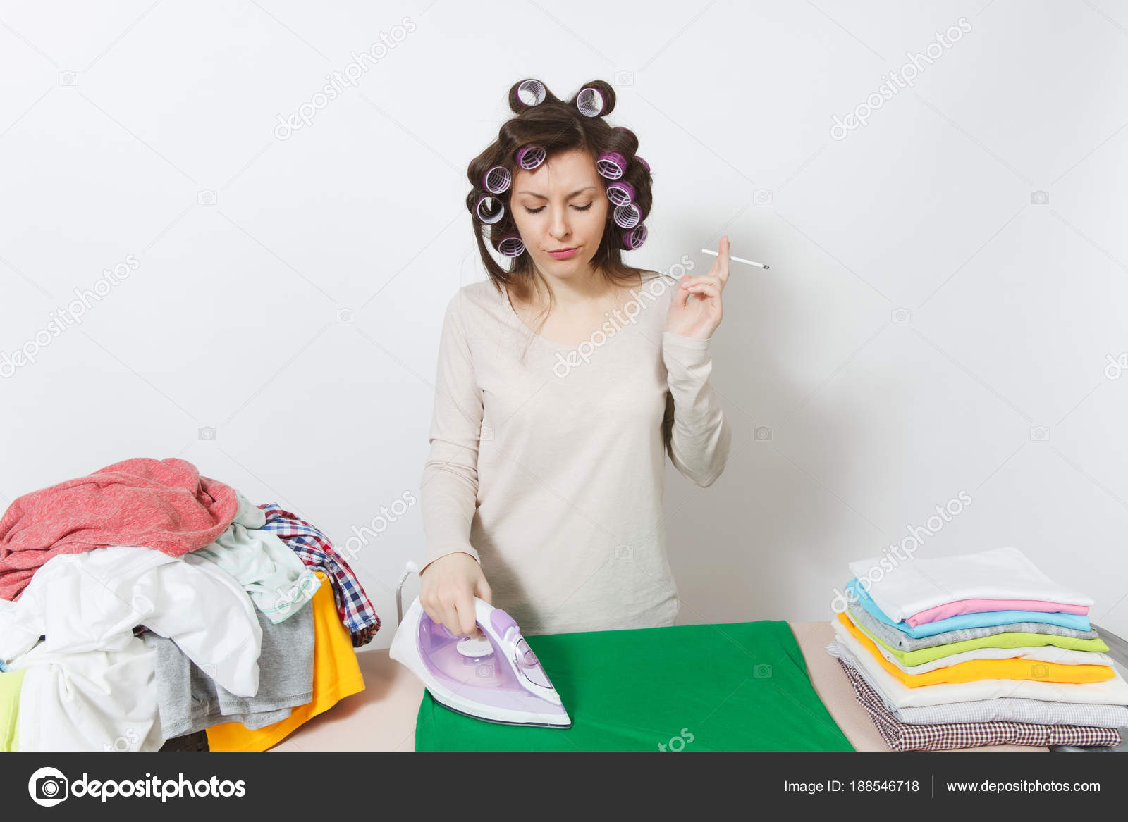 Distressed Fun Housewife With Curlers On Hair In Light Clothes