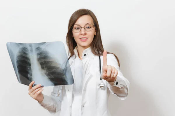 Touch kobieta lekarz coś jak kliknij przycisk, RTG płuc fluorography rentgen na białym tle. Lekarka suknia medyczny stetoskop okulary. Pracowników służby zdrowia. Zapalenie płuc — Zdjęcie stockowe