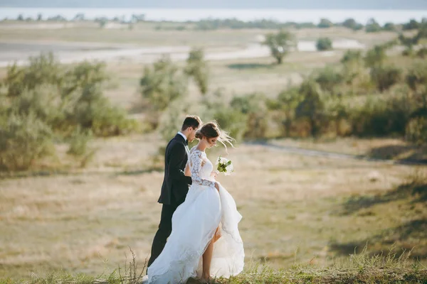 Photosession όμορφο γάμο. Όμορφος groom σε ένα μαύρο κοστούμι και η νεαρή νύφη σε λευκό φόρεμα δαντέλα με πανέμορφο hairstyle για βόλτα γύρω από το big τομέα πράσινο φόντο δέντρα και θάμνους — Φωτογραφία Αρχείου