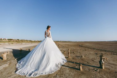 Güzel düğün photosession. Genç sevimli zarif düzgün gelin beyaz dantel elbise güzel doğa manzara karşı kıyı şeridi boyunca bir yürüyüş rüzgarda sallayarak uzun bir tüy ile