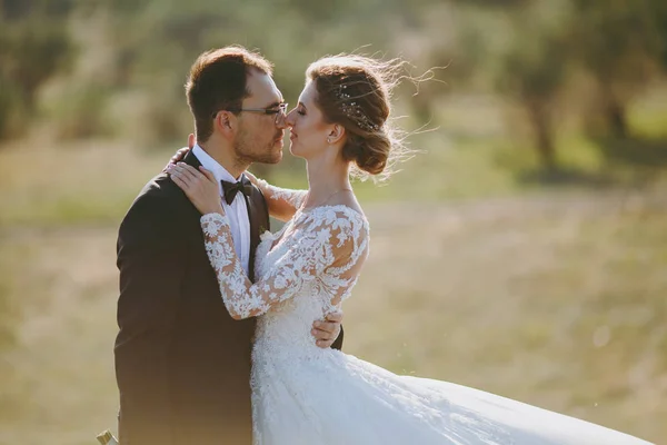 Vackert bröllop fotosession. Stilig brudgummen i en svart kostym och unga bruden i vit spetsklänning med utsökta frisyr på promenad runt det stora gröna fältet mot träd och buskar bakgrund — Stockfoto