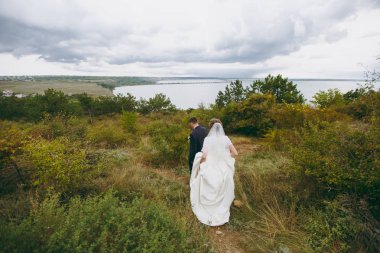 Güzel düğün photosession. Yakışıklı damat mavi resmi takım elbise ve kravat yaka çiçeği ve beyaz elbise onun zarif gelin ve peçe ile bir yürüyüş alanında Nehri yakınında güzel bir hairdress