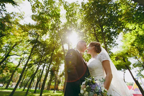 Mooie bruiloft fotosessie. Knappe bruidegom in blauwe formele pak met boeket en zijn elegante bruid in witte jurk en sluier met mooie haarsnit op een wandeling in het grote groene park op een zonnige dag — Stockfoto