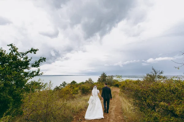 Photosession όμορφο γάμο. Όμορφος groom σε μπλε επίσημο κοστούμι και παπιγιόν με μπουτονιέρα και κομψή νύφη σε λευκό φόρεμα και πέπλο με μια όμορφη κομμωτι σε έναν περίπατο στο χωράφι κοντά στον ποταμό — Φωτογραφία Αρχείου