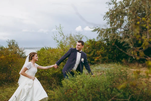 Bela sessão de casamento. Bonito noivo em azul terno formal e gravata borboleta com boutonniere e sua noiva elegante em vestido branco e véu com um belo hairdress em um passeio no campo perto do rio — Fotografia de Stock