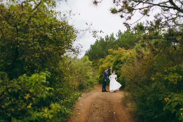 Photosession όμορφο γάμο. Όμορφος groom σε μπλε επίσημο κοστούμι και παπιγιόν με μπουτονιέρα και κομψή νύφη σε λευκό φόρεμα και πέπλο με μια όμορφη κομμωτι στο μονοπάτι ανάμεσα στα δέντρα — Φωτογραφία Αρχείου