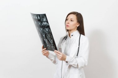 Intellectual doctor woman holds x-ray radiographic image ct scan mri isolated on white background. Female doctor in medical gown stethoscope. Healthcare personnel medicine concept Radiology department clipart