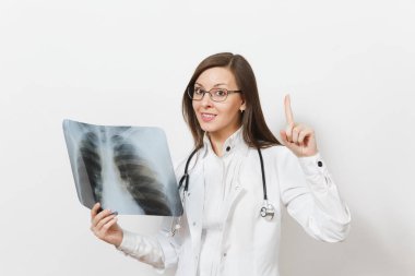 Doctor woman point index finger up, X-ray of lungs, fluorography roentgen isolated on white background. Female doctor in medical gown, stethoscope, glasses. Healthcare personnel. Pneumonia. Copy space clipart